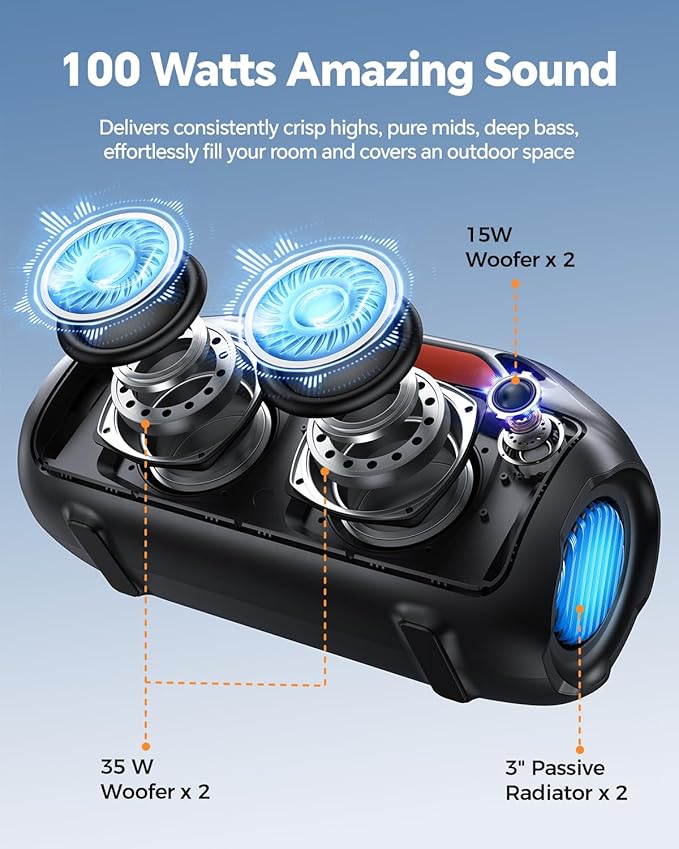 100W Bluetooth Speaker, Outdoor Wireless Boombox with Powerful Bass, RGB Lights, IPX7 Waterproof|30H Playtime|USB-C|TWS|AUX, Portable for Party, Camping, Pool, Beach, Backyard-Black