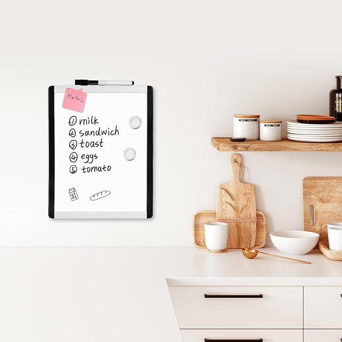 Small Dry Erase Whiteboard, Magnetic Whiteboard with Marker and Magnets, 8.5" x 11", Plastic/Aluminum Frame