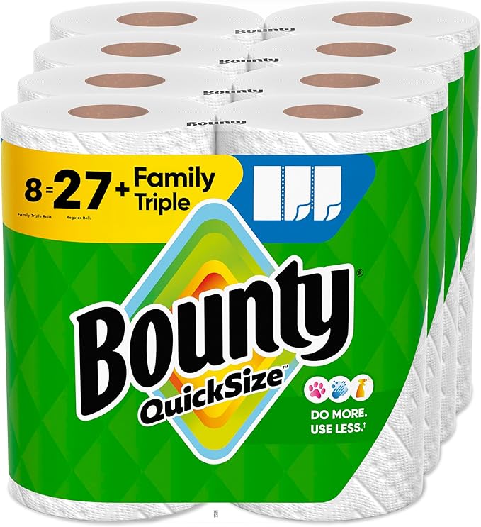 Bounty Quick Size Paper Towels, White, 8 Family Rolls = 20 Regular Rolls (Packaging May Vary)