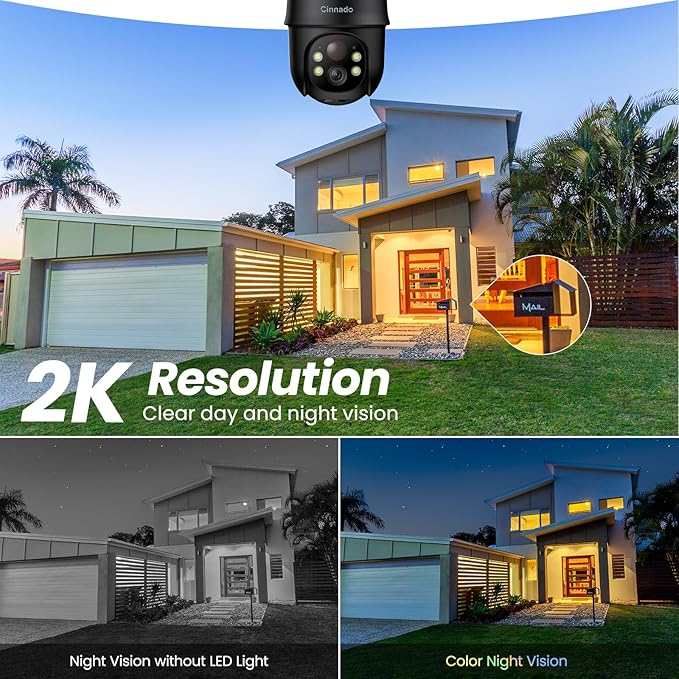 Cameras for Home Security-2.4G WiFi Outdoor Camera Wireless Solar/Battery Powered, 360° Viewing, Human Detection, Color Night Vision, Cloud/SD Storage B6 (B6-Black-1pack-2.4G