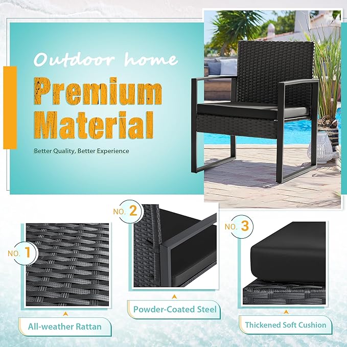3 Pieces Patio Set Outdoor Wicker Furniture Sets Modern Rattan Chair Conversation Sets with Coffee Table for Yard and Bistro (Black)