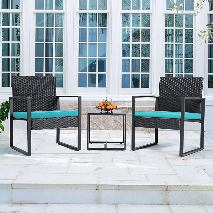 3 Pieces Patio Set Outdoor Wicker Furniture Sets Modern Rattan Chair Conversation Sets with Coffee Table for Yard and Bistro (Black)