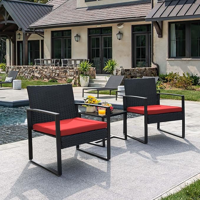 3 Pieces Patio Set Outdoor Wicker Furniture Sets Modern Rattan Chair Conversation Sets with Coffee Table for Yard and Bistro (Black)