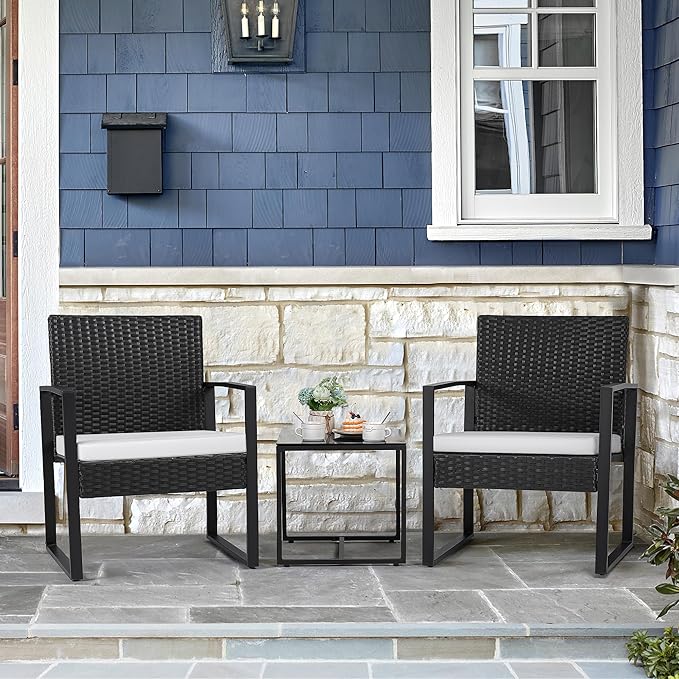 3 Pieces Patio Set Outdoor Wicker Furniture Sets Modern Rattan Chair Conversation Sets with Coffee Table for Yard and Bistro (Black)