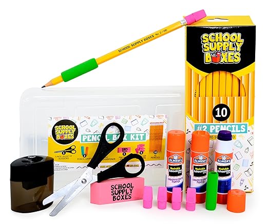 Back to School Supply Box Grades K-5 - School Supply Boxes - 32 Piece School Supplies Kit Includes Markers, Crayons, Pencils, Scissors, Folders, Glue Sticks, Notebook, and Composition Book
