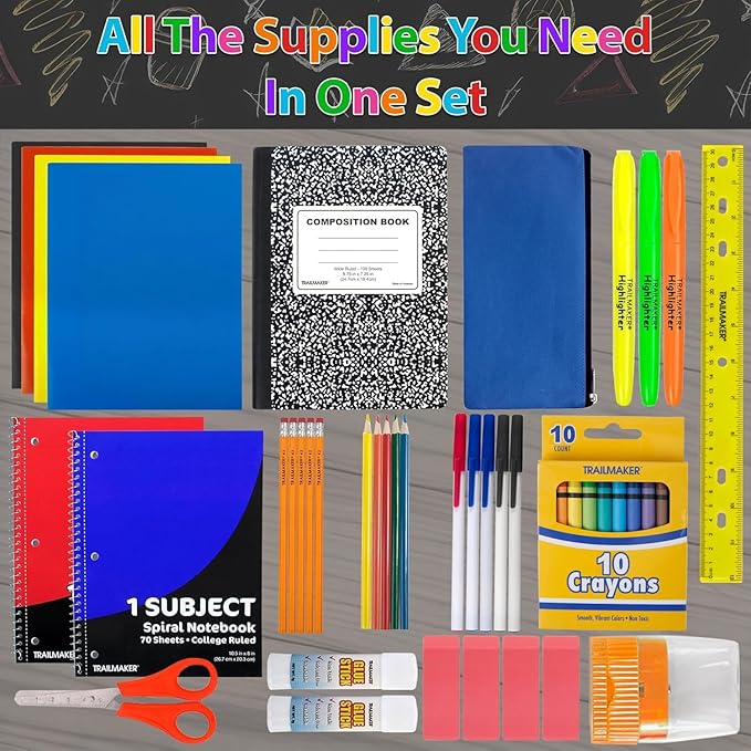 45 Piece School Supply Kit Grades K-12 - School Essentials Includes Folders Notebooks Pencils Pens and Much More!