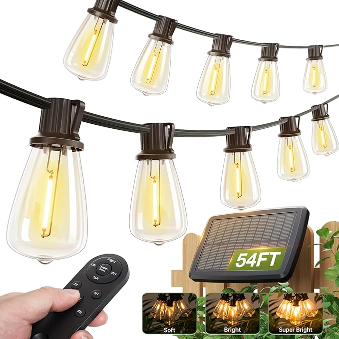 (48+6) FT Solar String Lights Waterproof,Patio Lights Solar Powered with Remote & USB Port 15+1 LED Shatterproof Bulbs 3 Light Modes, Dimmable Solar Light for Camping Backyard Garden