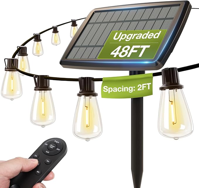 (48+6) FT Solar String Lights Waterproof,Patio Lights Solar Powered with Remote & USB Port 15+1 LED Shatterproof Bulbs 3 Light Modes, Dimmable Solar Light for Camping Backyard Garden