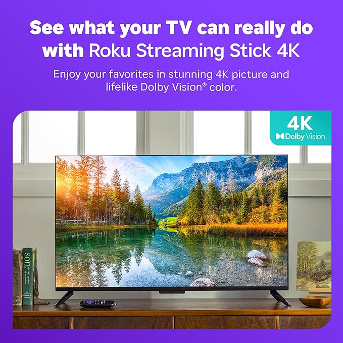 Roku Streaming Stick 4K - HDR & Dolby Vision Roku Streaming Device for TV with Voice Remote & Long-Range Wi-Fi - Free & Live TV
