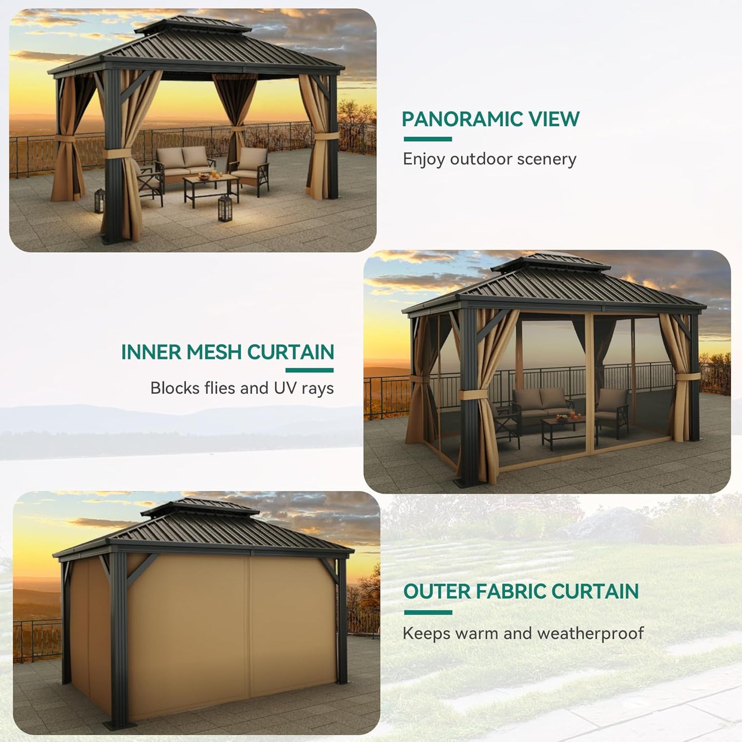 10x12 ft Hardtop Gazebo with Netting and Shaded Curtains, Outdoor Metal Gazebo 2-Tier Hardtop Galvanized Iron Aluminum Frame Garden Tent for Patio, Backyard, Deck and Lawns