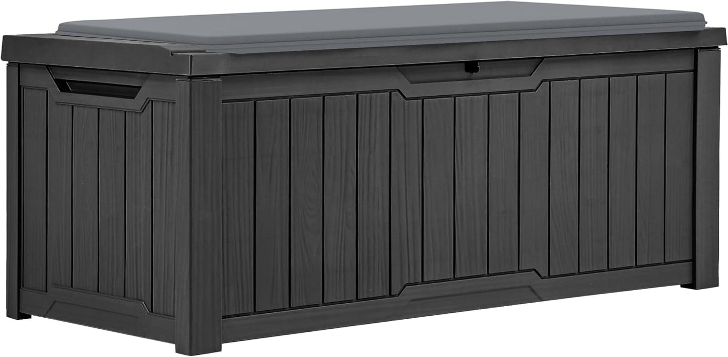 120 Gallon Resin Deck Box, Weather Resistant Outdoor Storage Box for Patio Pillow, Garden Tools, Pool Supplies, Lockable, Easy Assembly, Extra Seat or Table with Cushion (Black)