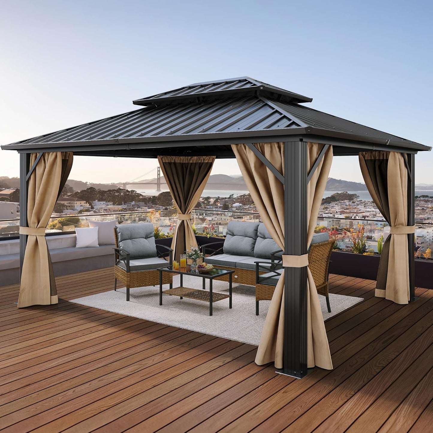 10x12 ft Hardtop Gazebo with Netting and Shaded Curtains, Outdoor Metal Gazebo 2-Tier Hardtop Galvanized Iron Aluminum Frame Garden Tent for Patio, Backyard, Deck and Lawns