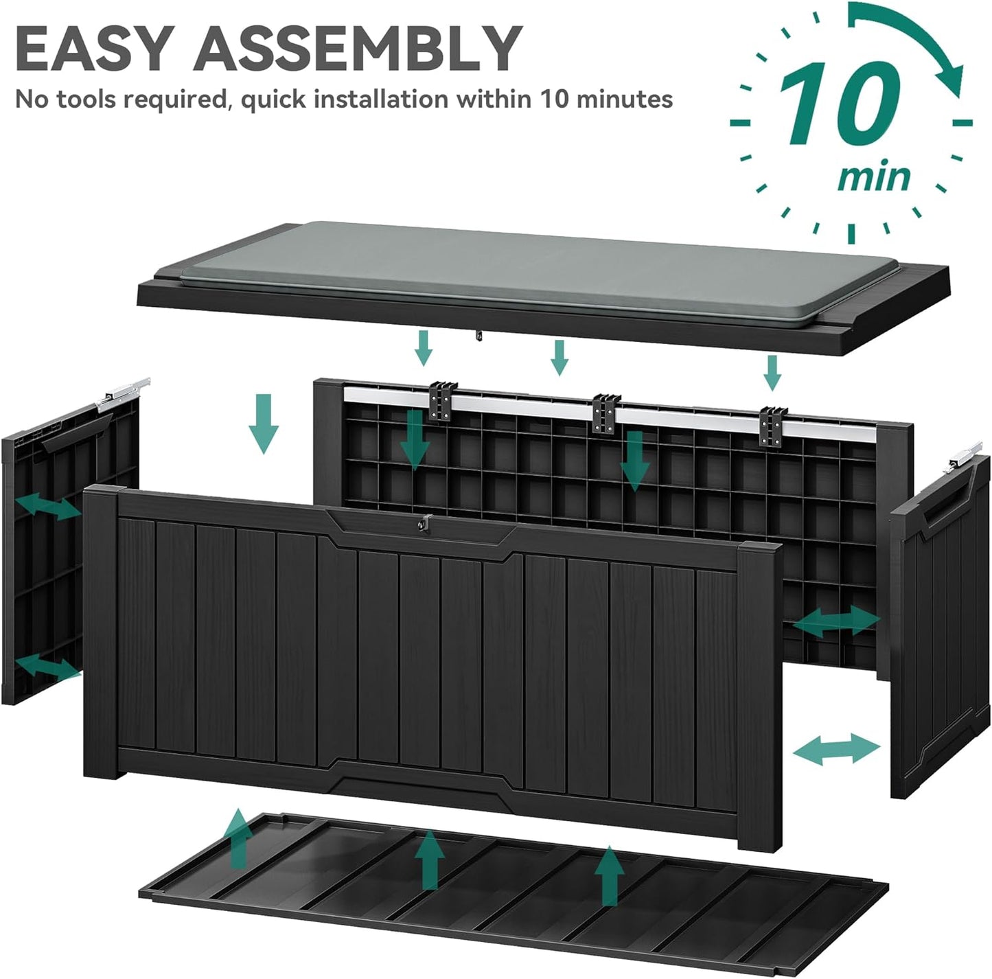 120 Gallon Resin Deck Box, Weather Resistant Outdoor Storage Box for Patio Pillow, Garden Tools, Pool Supplies, Lockable, Easy Assembly, Extra Seat or Table with Cushion (Black)
