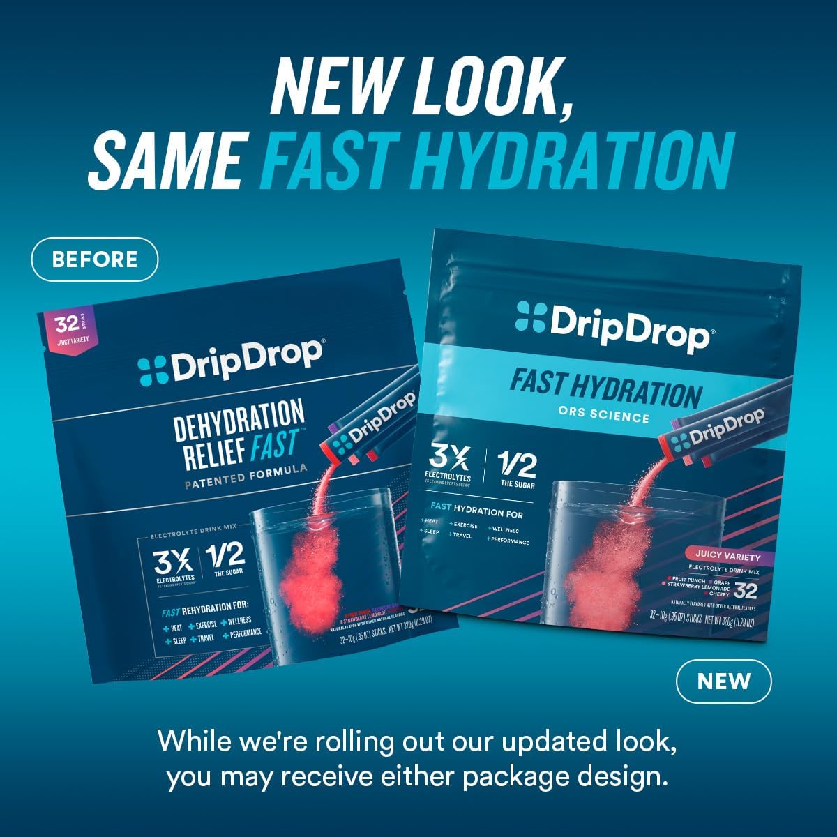 DripDrop Hydration Packets - Juicy Variety Pack - Single Serve Electrolytes Powder Drink Mix - Grape, Fruit Punch, Strawberry Lemonade, Cherry - Non-GMO, Gluten Free, Vegan - 32 Sticks