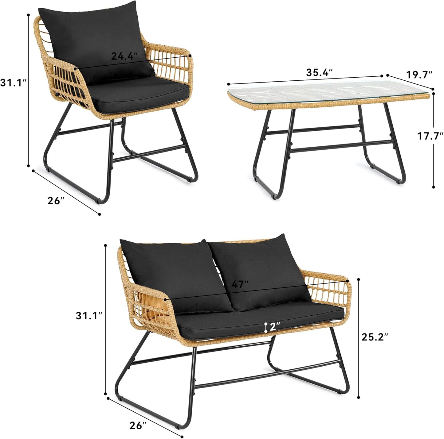 4-Piece Patio Furniture Wicker Outdoor Bistro Set, All-Weather Rattan Conversation Loveseat Chairs for Backyard, Balcony and Deck with Soft Cushions and Metal Table (Light Brown+Black)