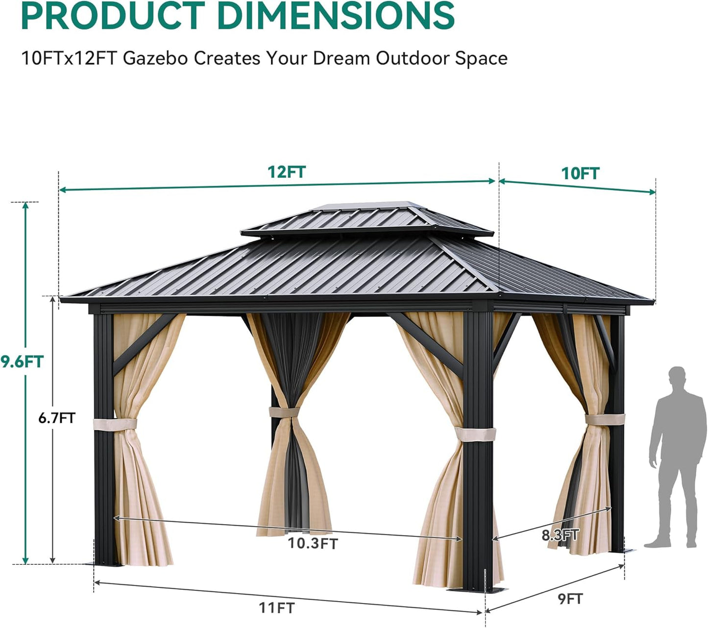 10x12 ft Hardtop Gazebo with Netting and Shaded Curtains, Outdoor Metal Gazebo 2-Tier Hardtop Galvanized Iron Aluminum Frame Garden Tent for Patio, Backyard, Deck and Lawns