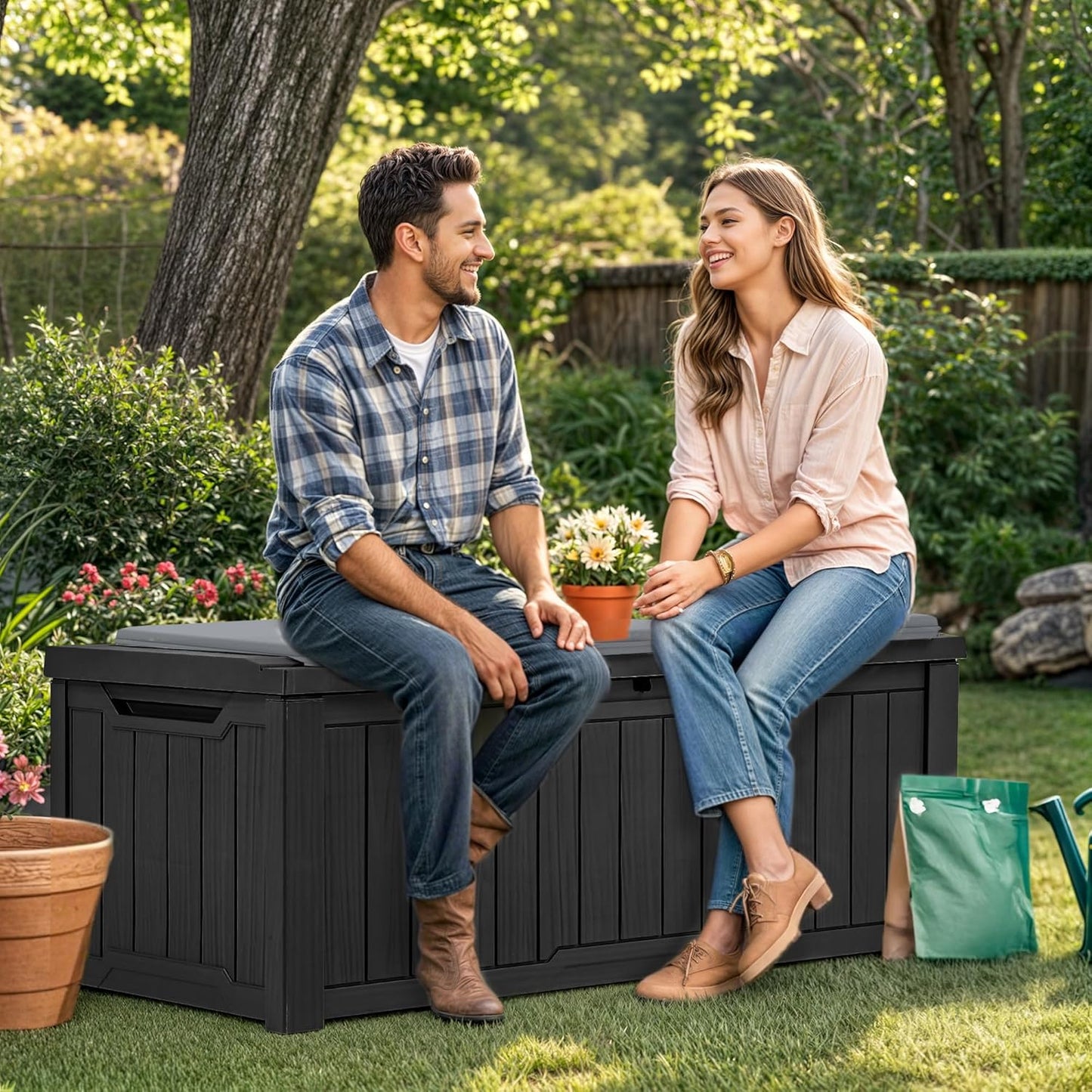 120 Gallon Resin Deck Box, Weather Resistant Outdoor Storage Box for Patio Pillow, Garden Tools, Pool Supplies, Lockable, Easy Assembly, Extra Seat or Table with Cushion (Black)