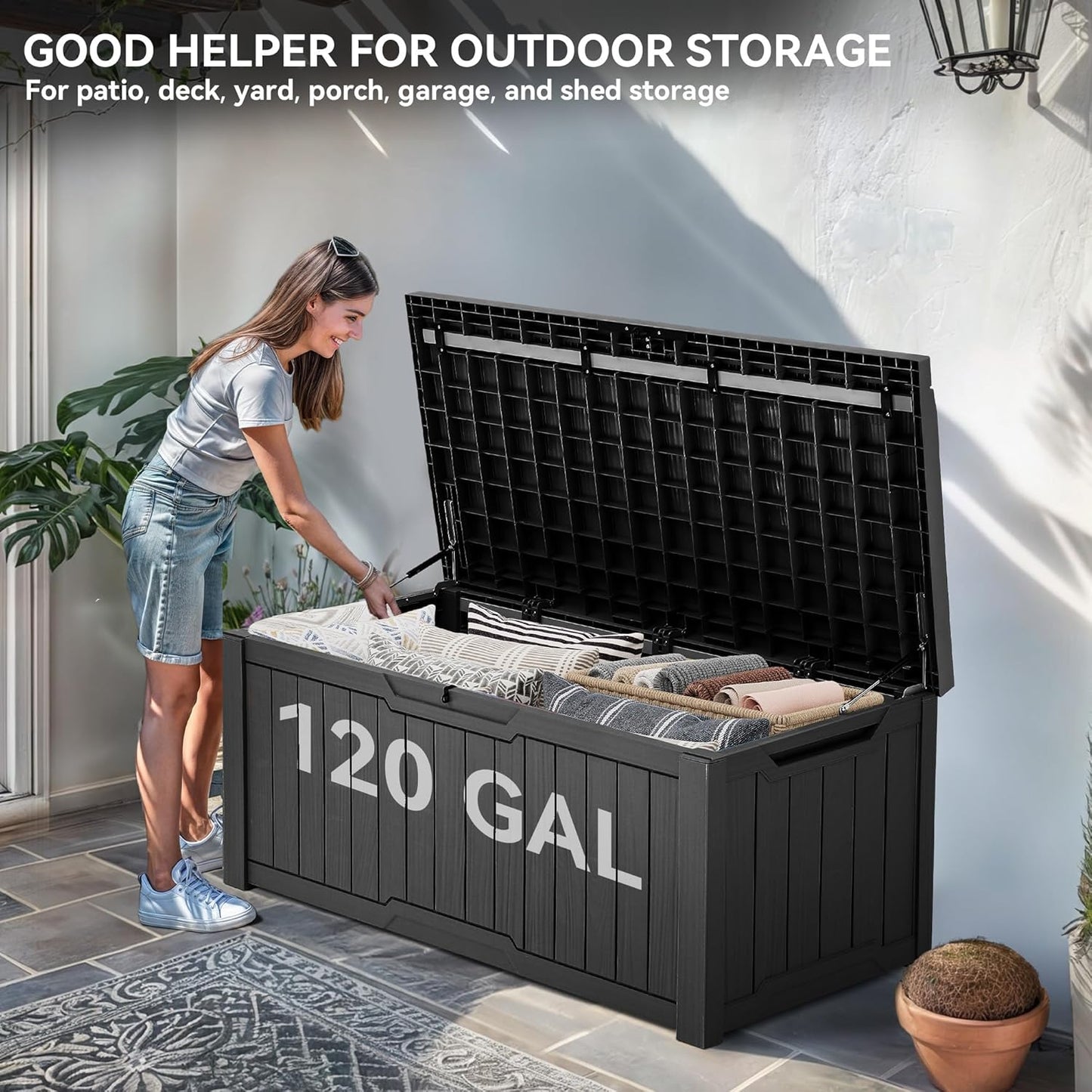 120 Gallon Resin Deck Box, Weather Resistant Outdoor Storage Box for Patio Pillow, Garden Tools, Pool Supplies, Lockable, Easy Assembly, Extra Seat or Table with Cushion (Black)