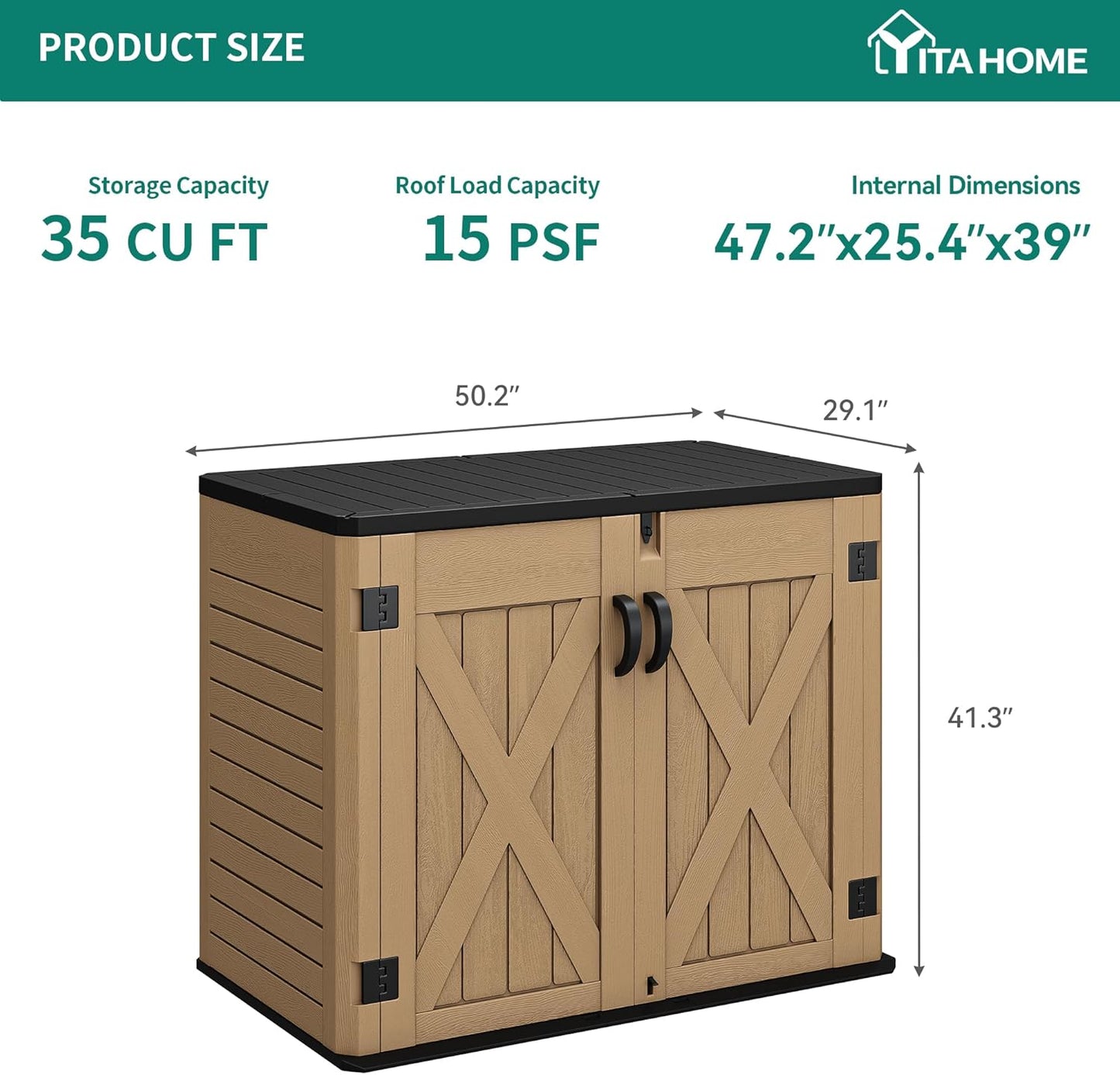 Outdoor Resin Storage Sheds with X-Shaped Lockable Door, 39 in Height Lockable Waterproof Horizontal Shed w/o Shelf,Easy to Assemble Shed Storage for Garden Tools, Brown
