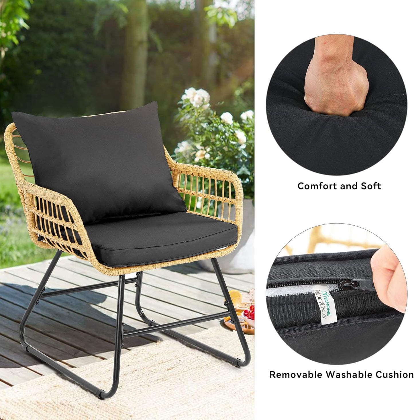 4-Piece Patio Furniture Wicker Outdoor Bistro Set, All-Weather Rattan Conversation Loveseat Chairs for Backyard, Balcony and Deck with Soft Cushions and Metal Table (Light Brown+Black)