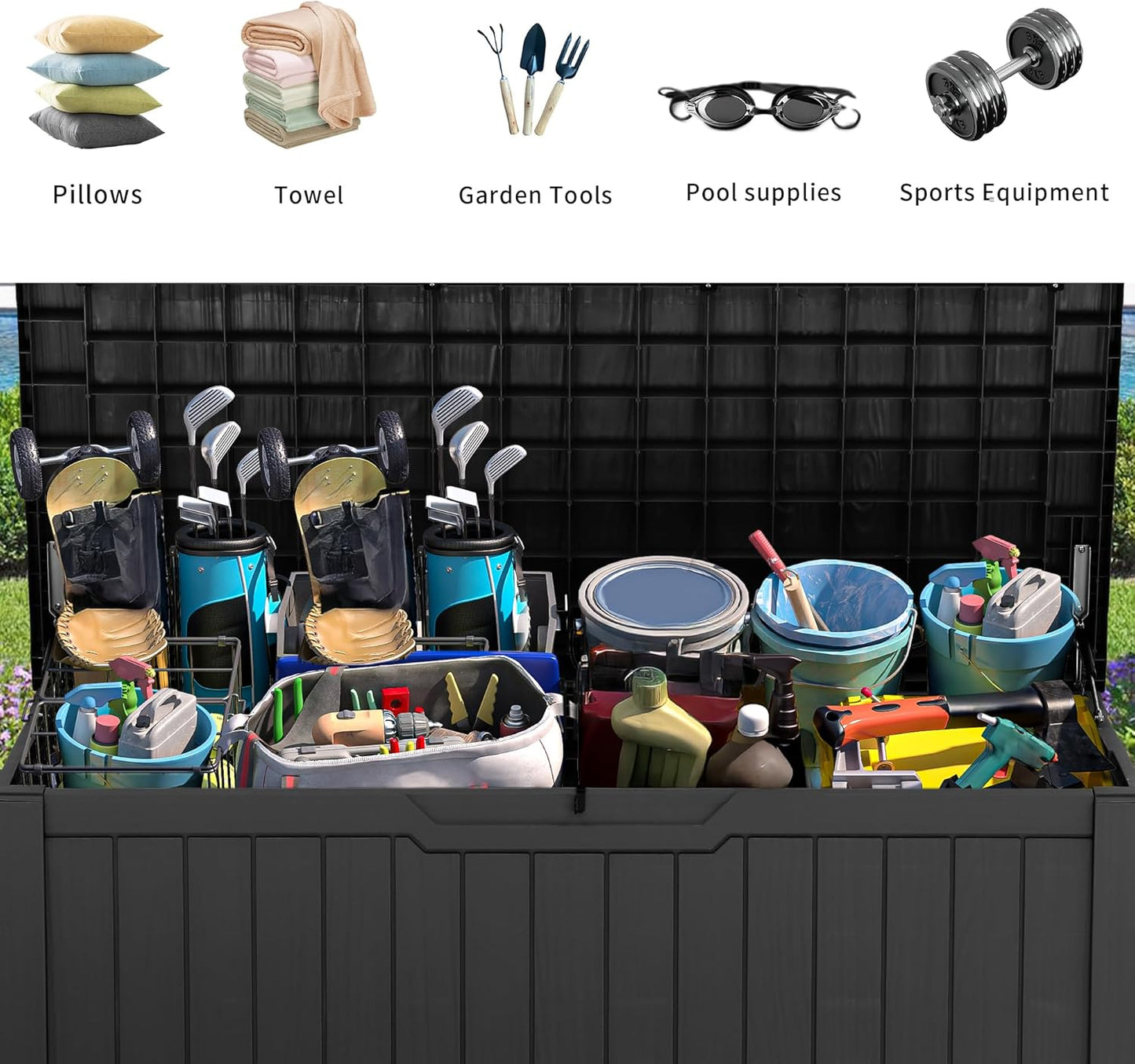 120 Gallon Resin Deck Box, Weather Resistant Outdoor Storage Box for Patio Pillow, Garden Tools, Pool Supplies, Lockable, Easy Assembly, Extra Seat or Table with Cushion (Black)