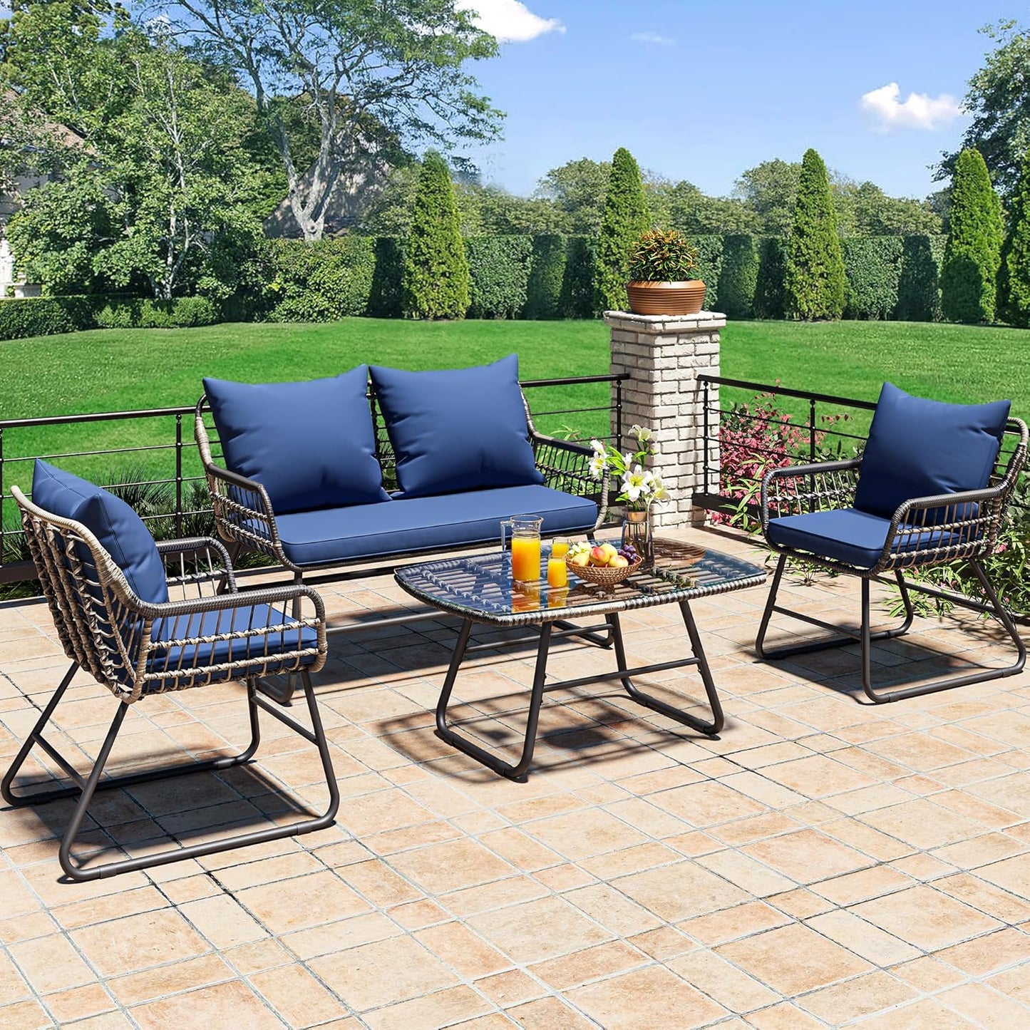 4-Piece Patio Furniture Wicker Outdoor Bistro Set, All-Weather Rattan Conversation Loveseat Chairs for Backyard, Balcony and Deck with Soft Cushions and Metal Table (Light Brown+Black)
