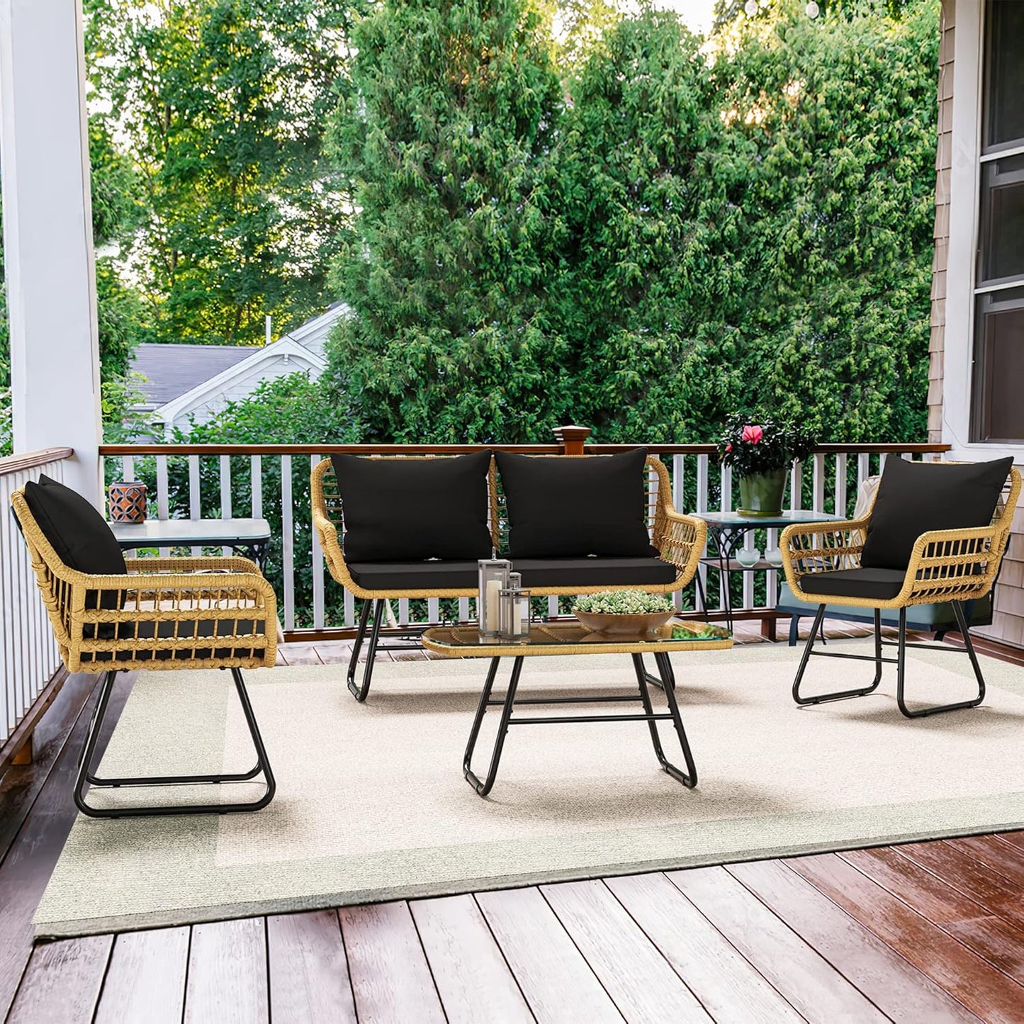 4-Piece Patio Furniture Wicker Outdoor Bistro Set, All-Weather Rattan Conversation Loveseat Chairs for Backyard, Balcony and Deck with Soft Cushions and Metal Table (Light Brown+Black)
