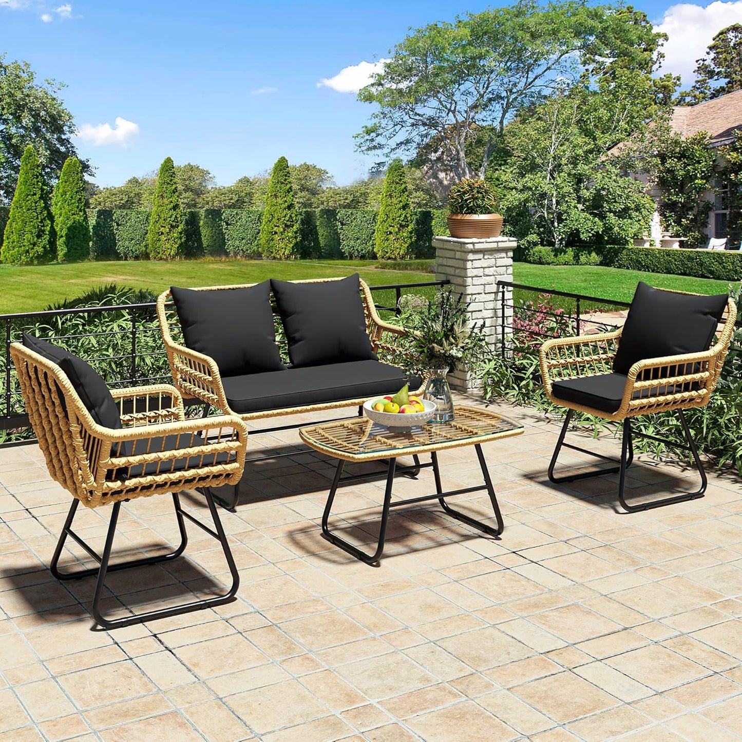 4-Piece Patio Furniture Wicker Outdoor Bistro Set, All-Weather Rattan Conversation Loveseat Chairs for Backyard, Balcony and Deck with Soft Cushions and Metal Table (Light Brown+Black)