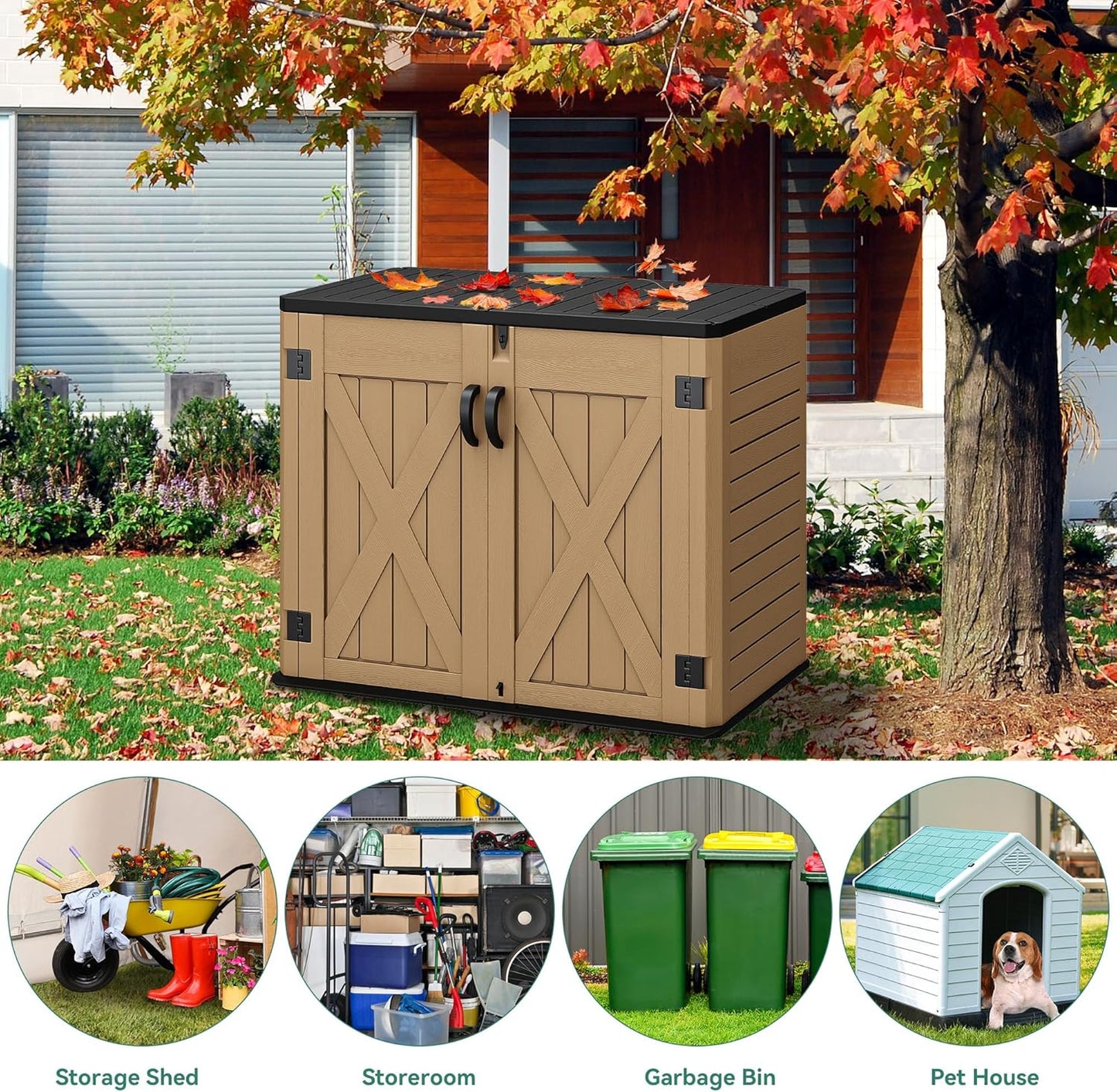 Outdoor Resin Storage Sheds with X-Shaped Lockable Door, 39 in Height Lockable Waterproof Horizontal Shed w/o Shelf,Easy to Assemble Shed Storage for Garden Tools, Brown