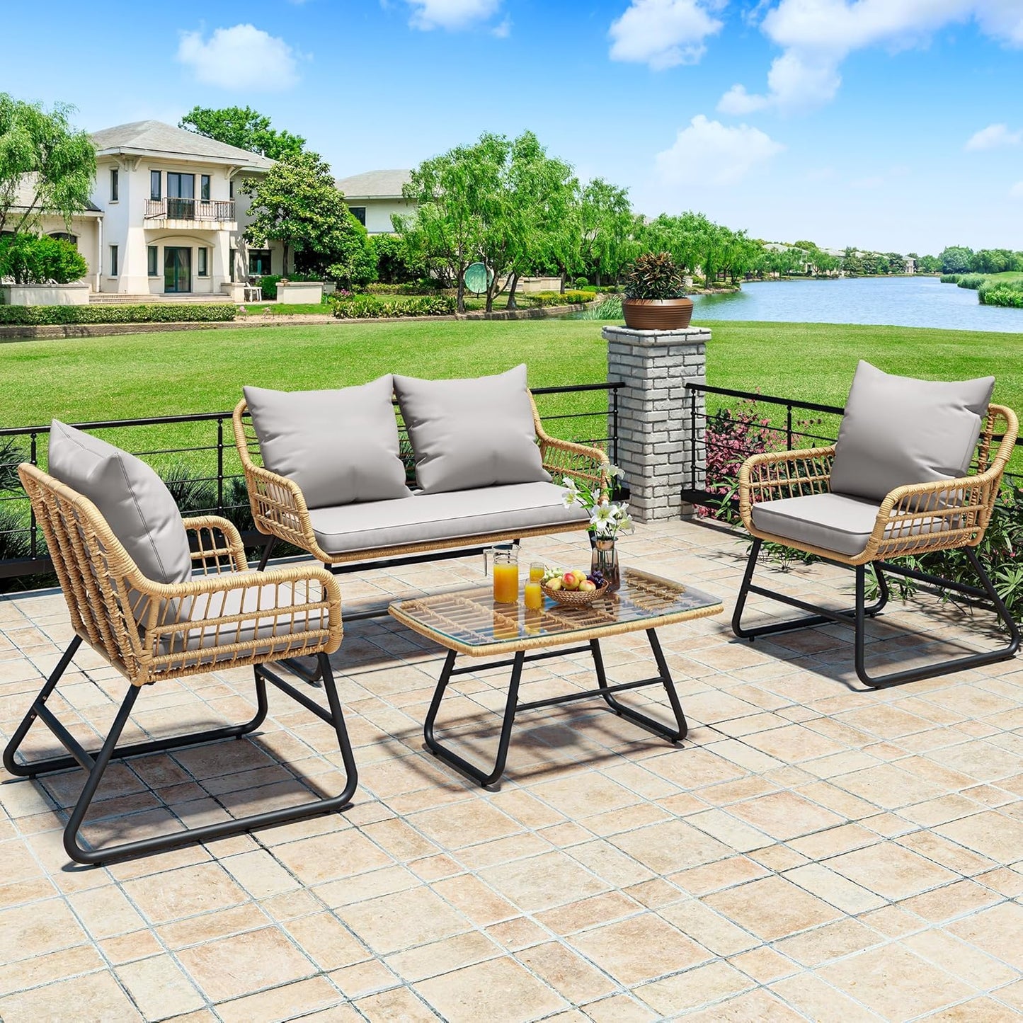 4-Piece Patio Furniture Wicker Outdoor Bistro Set, All-Weather Rattan Conversation Loveseat Chairs for Backyard, Balcony and Deck with Soft Cushions and Metal Table (Light Brown+Black)