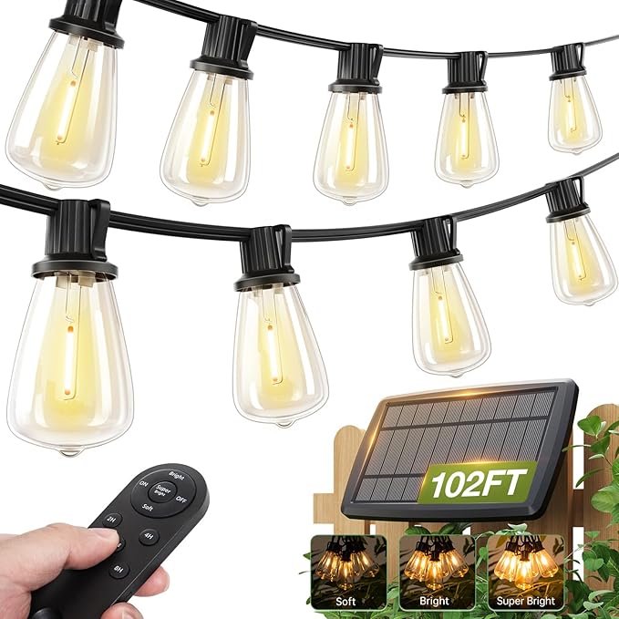 (48+6) FT Solar String Lights Waterproof,Patio Lights Solar Powered with Remote & USB Port 15+1 LED Shatterproof Bulbs 3 Light Modes, Dimmable Solar Light for Camping Backyard Garden
