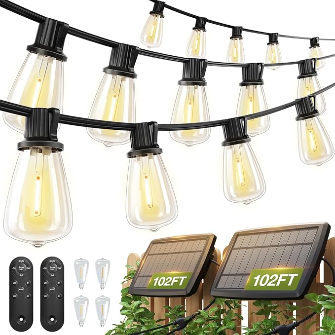 (48+6) FT Solar String Lights Waterproof,Patio Lights Solar Powered with Remote & USB Port 15+1 LED Shatterproof Bulbs 3 Light Modes, Dimmable Solar Light for Camping Backyard Garden