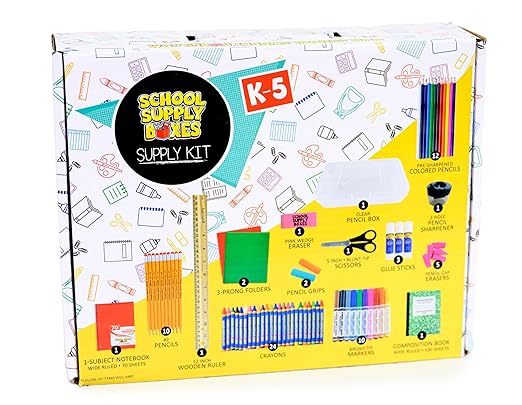 Back to School Supply Box - Grades K-5 Back to School Supplies - 32 Piece Kit with Handled Box