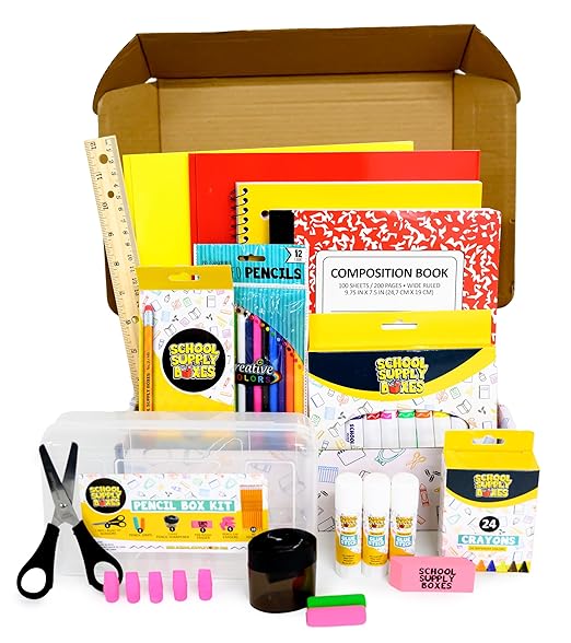 Back to School Supply Box - Grades K-5 Back to School Supplies - 32 Piece Kit with Handled Box