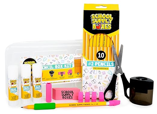 Back to School Supply Box - Grades K-5 Back to School Supplies - 32 Piece Kit with Handled Box