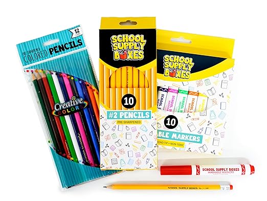 Back to School Supply Box - Grades K-5 Back to School Supplies - 32 Piece Kit with Handled Box