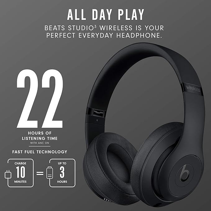 Beats Studio3 Wireless Noise Cancelling Over-Ear Headphones - Apple W1 Headphone Chip, Class 1 Bluetooth, 22 Hours of Listening Time, Built-in Microphone - Matte Black
