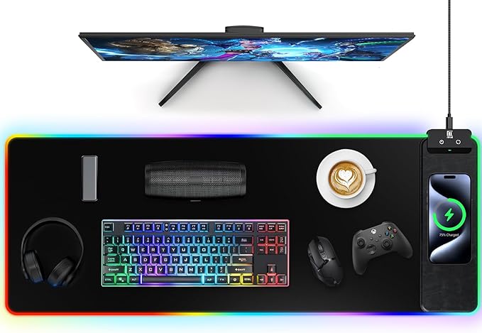 Mouse Pad with Phone Holder, Wireless Charging Desk Mat, RGB Gaming Mousepad Home Office Large Desk Pad with Ultra-Smooth Surface, Non-Slip Base, Waterproof Keyboard Pad, Classic Black Desk Mat
