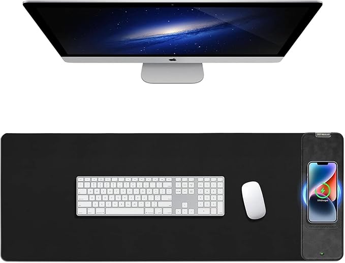 Mouse Pad with Phone Holder, Wireless Charging Desk Mat, RGB Gaming Mousepad Home Office Large Desk Pad with Ultra-Smooth Surface, Non-Slip Base, Waterproof Keyboard Pad, Classic Black Desk Mat