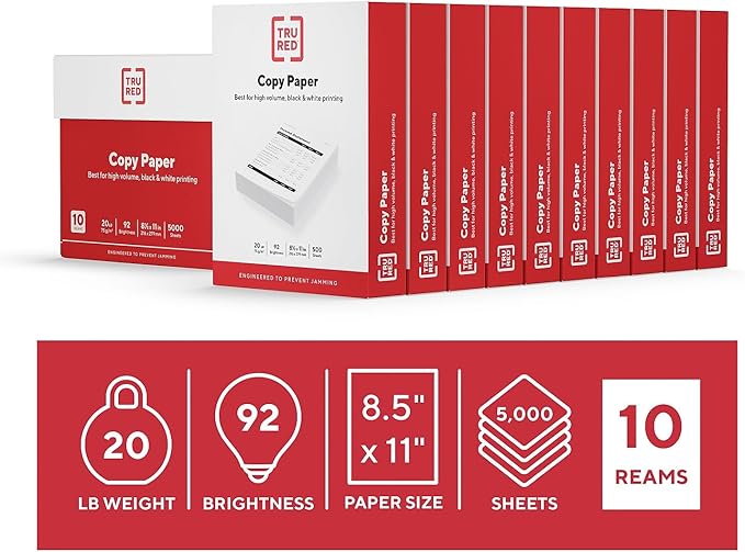 TRU RED 8.5x11 Copy Paper 20 lb. 92-Bright 5000 Sheets/Carton
