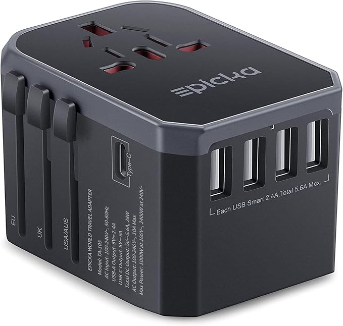 Universal Travel Adapter, European Travel Plug Adapter (Not a Voltage Converter) - International Power Adapter Worldwide Charger with USB-C & 4 USB-A Ports, Travel Essentials (TA-105, Grey)
