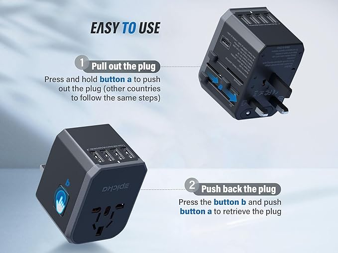 Universal Travel Adapter, European Travel Plug Adapter (Not a Voltage Converter) - International Power Adapter Worldwide Charger with USB-C & 4 USB-A Ports, Travel Essentials (TA-105, Grey)