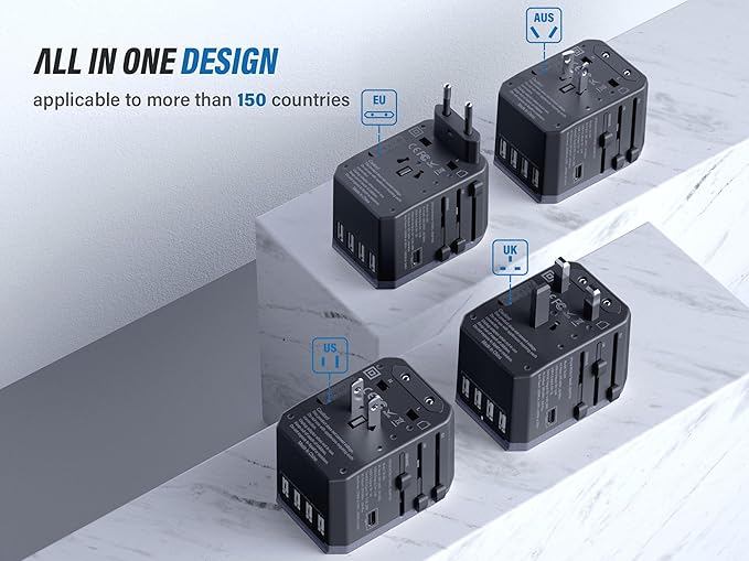 Universal Travel Adapter, European Travel Plug Adapter (Not a Voltage Converter) - International Power Adapter Worldwide Charger with USB-C & 4 USB-A Ports, Travel Essentials (TA-105, Grey)
