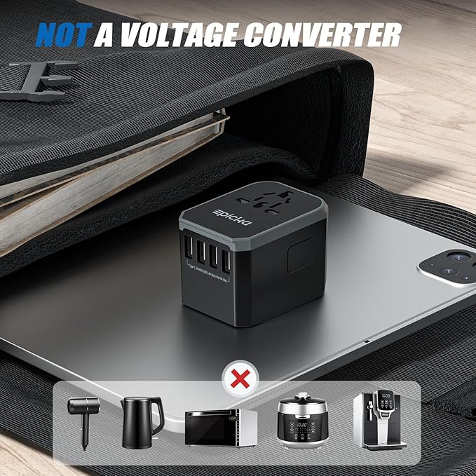 Universal Travel Adapter, European Travel Plug Adapter (Not a Voltage Converter) - International Power Adapter Worldwide Charger with USB-C & 4 USB-A Ports, Travel Essentials (TA-105, Grey)