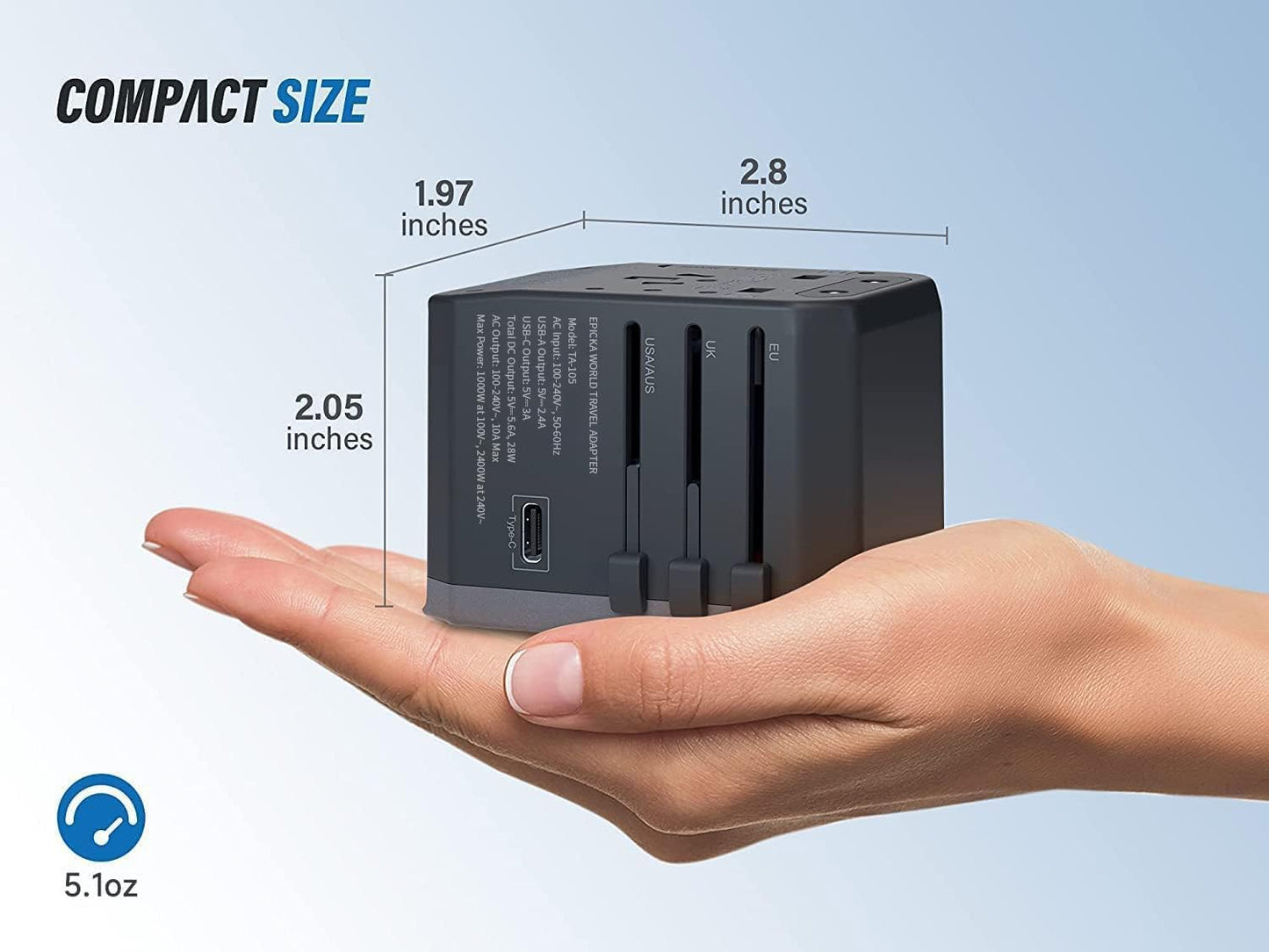 Universal Travel Adapter, European Travel Plug Adapter (Not a Voltage Converter) - International Power Adapter Worldwide Charger with USB-C & 4 USB-A Ports, Travel Essentials (TA-105, Grey)