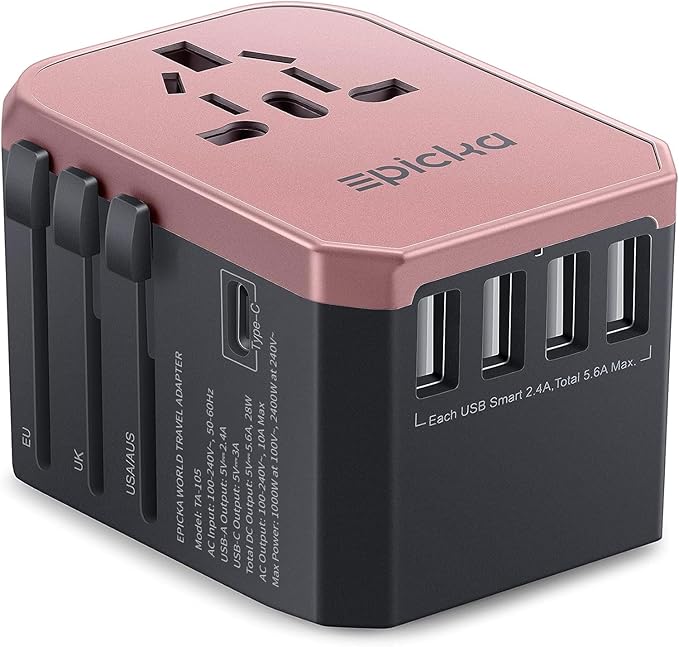 Universal Travel Adapter, European Travel Plug Adapter (Not a Voltage Converter) - International Power Adapter Worldwide Charger with USB-C & 4 USB-A Ports, Travel Essentials (TA-105, Grey)