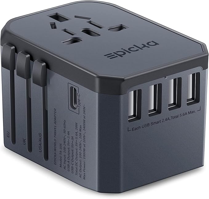 Universal Travel Adapter, European Travel Plug Adapter (Not a Voltage Converter) - International Power Adapter Worldwide Charger with USB-C & 4 USB-A Ports, Travel Essentials (TA-105, Grey)