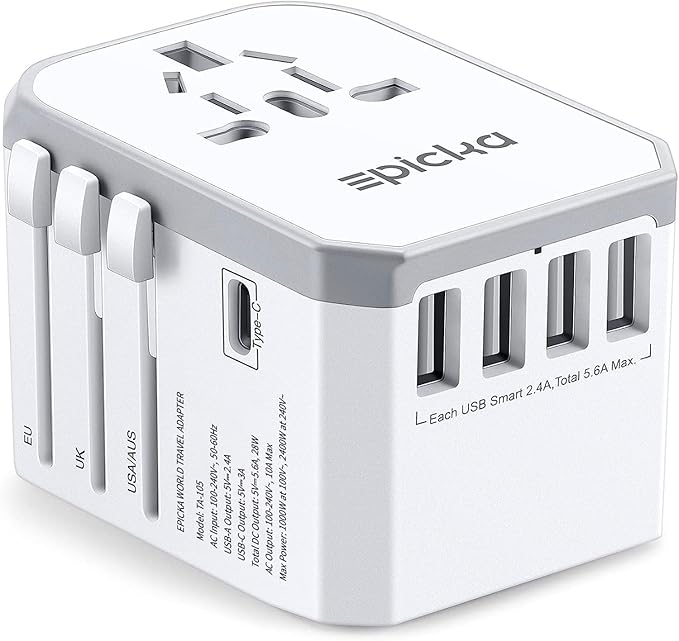Universal Travel Adapter, European Travel Plug Adapter (Not a Voltage Converter) - International Power Adapter Worldwide Charger with USB-C & 4 USB-A Ports, Travel Essentials (TA-105, Grey)