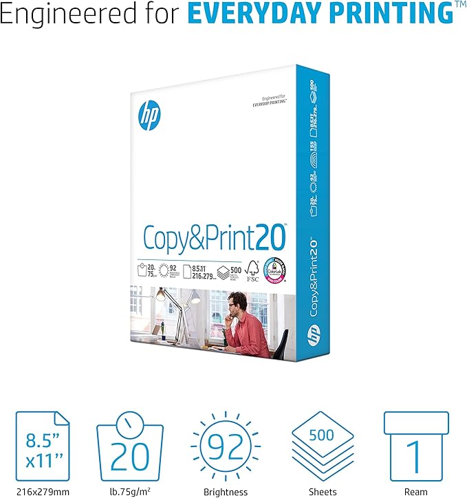 HP Printer Paper | 8.5 x 11 Paper | Copy &Print 20 lb | 1 Ream Case - 500 Sheets| 92 Bright | Made in USA - FSC Certified | 200060