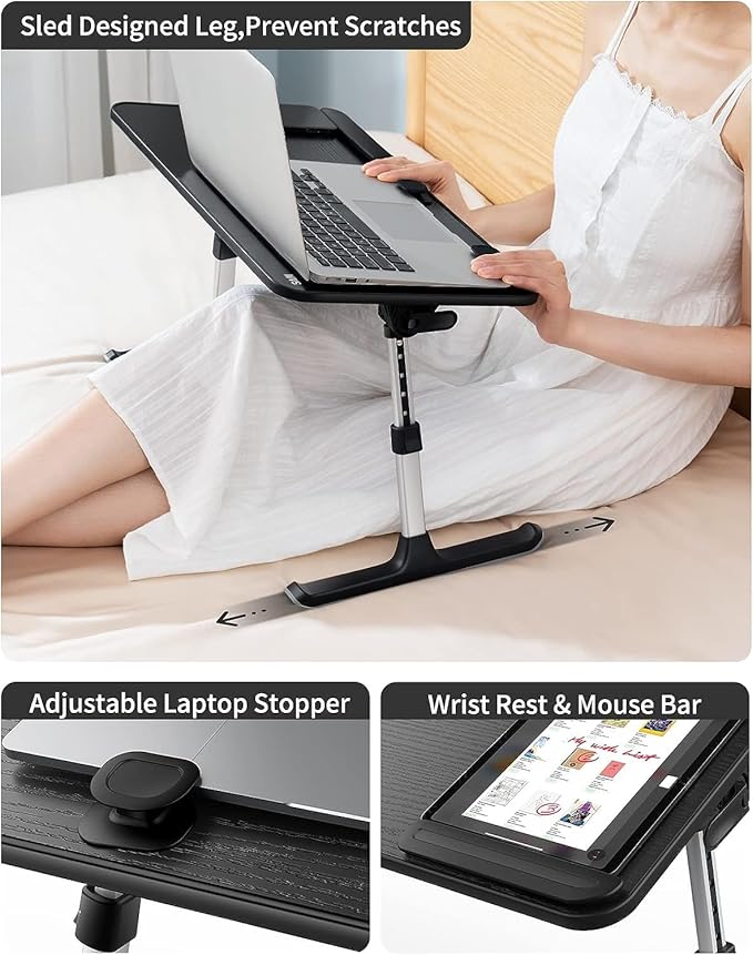 Height & Angle Adjustable Laptop Stand for Bed, Lap Desk Bed Tray Table, Light Weight Foldable Portable Laptop Table for Couch Sofa Chair Floor Desk for Adults, Kids (Black)